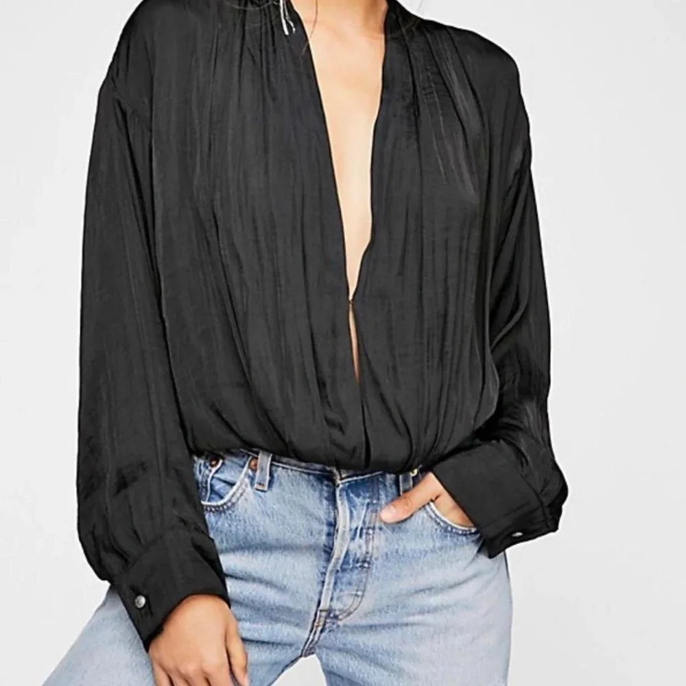 Free People Ladylike Lady Plunge Surplice Bodysuit – Black – Size M